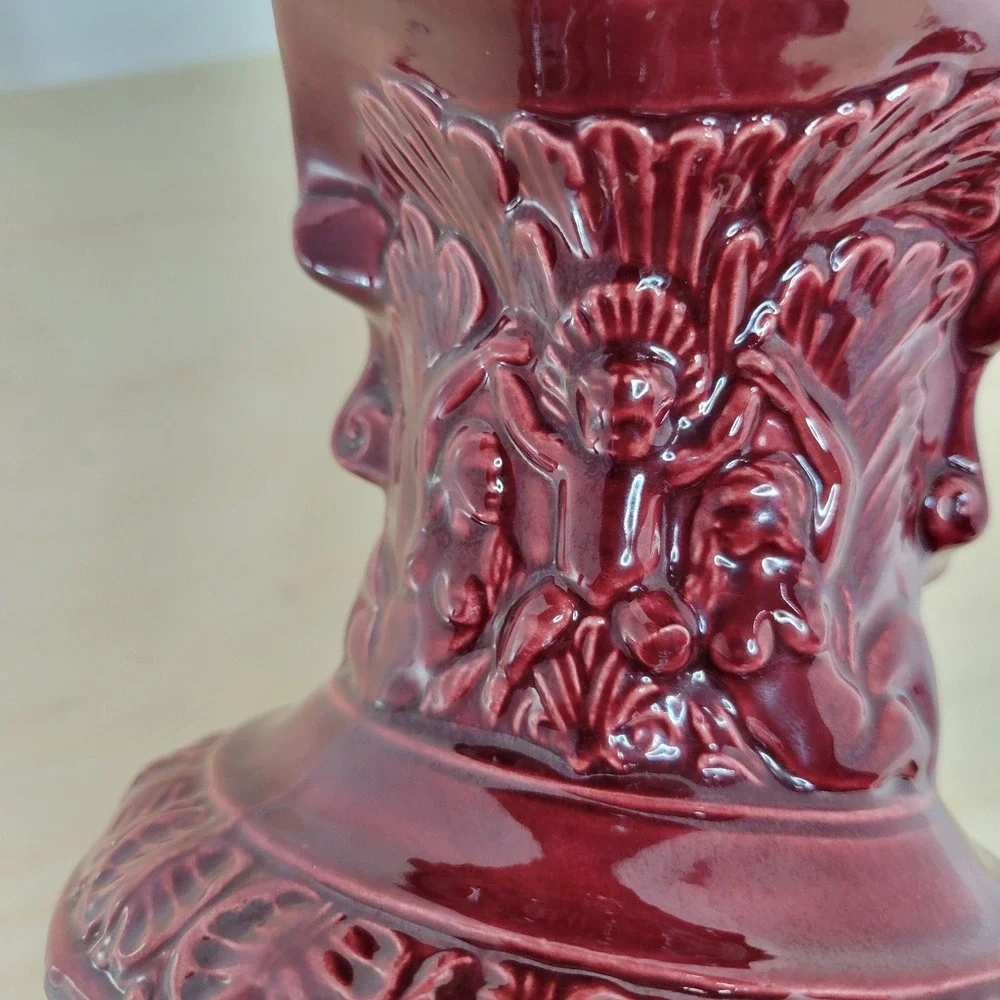 Vintage Burgundy Ceramic Pitcher Jug Relief Figures‎ Embossed Floral Design